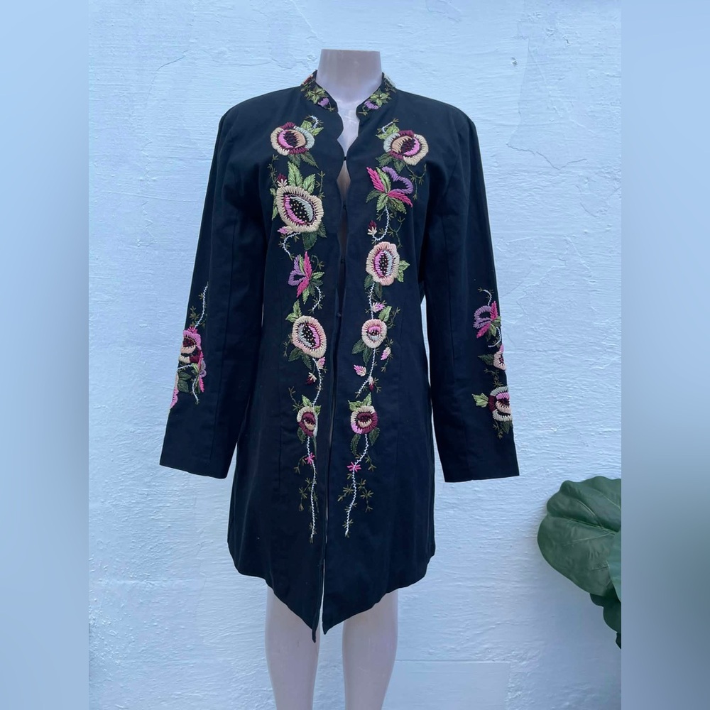 Newport News Black Tunic with Floral Embroidery